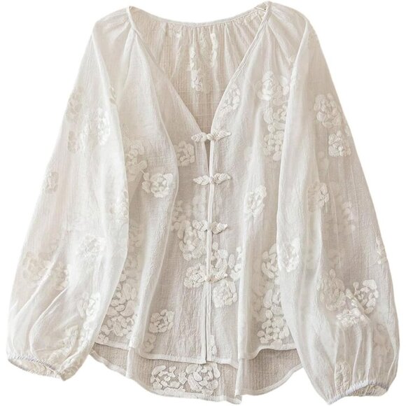 Tops - Women's Floral Embroidered Boho Tops Peasant Blouses Long Sleeve Shirts